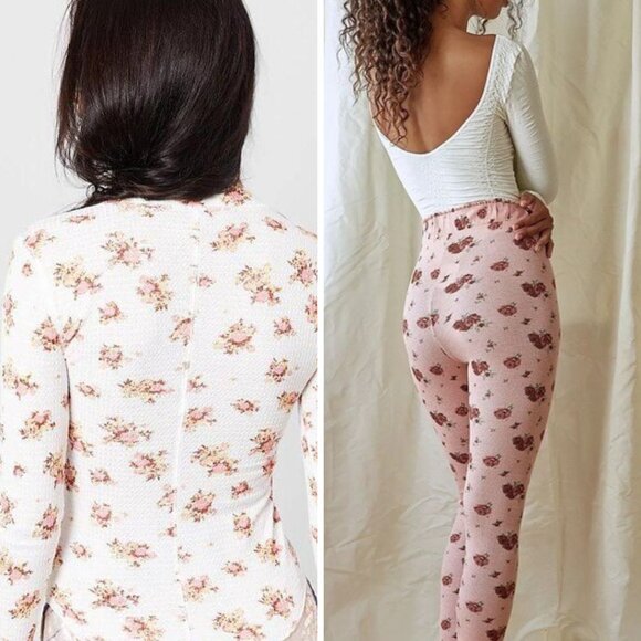 Free People - Blossom Knit Sleep Set Pants & LS Top | XS | Pink & White Floral - Picture 6 of 15